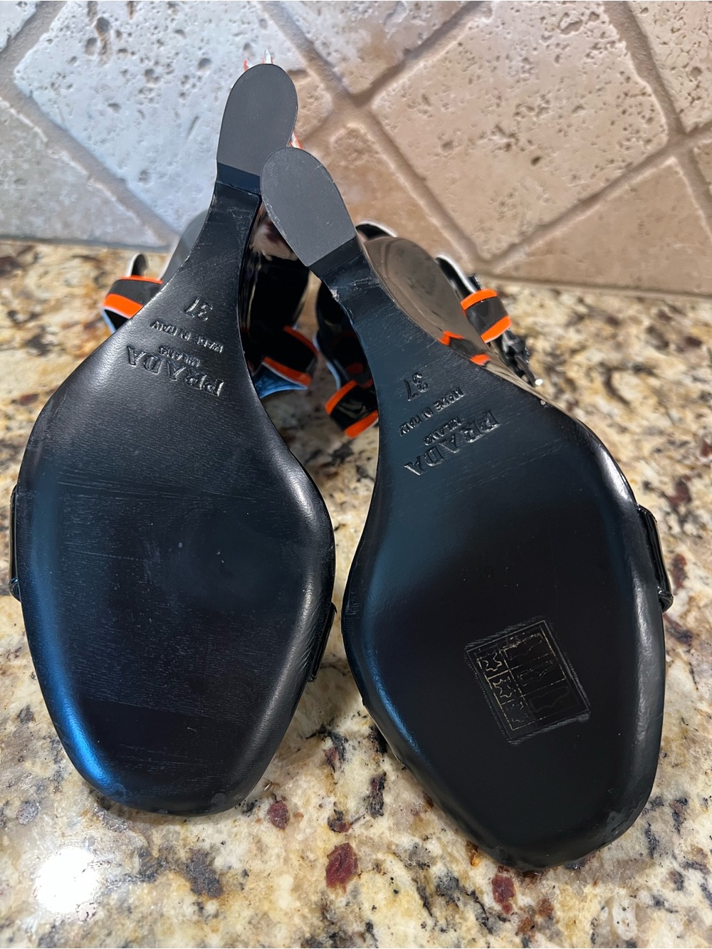 Prada 2018 Flame Detail Black Patent Leather Wedge Sandals w/ Orange Flame - Picture 11 of 14
